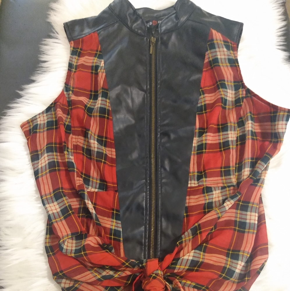 Red snap plaid and vegan leather sleeveless blouse